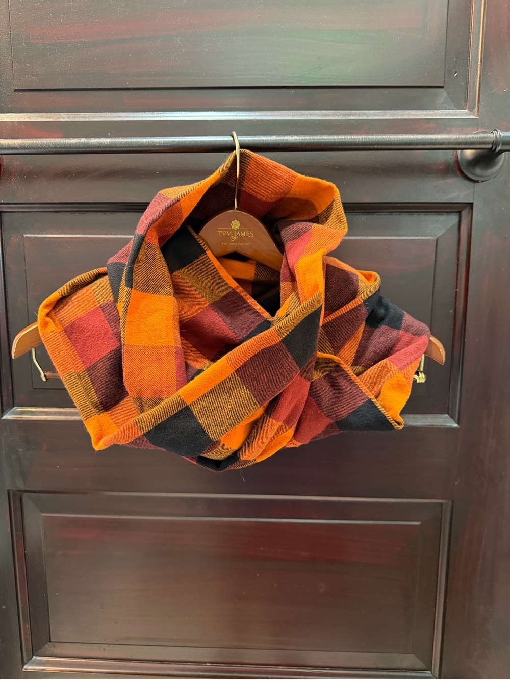 Women's Plaid Flannel Infinity Scarf in Orange tones and Black
